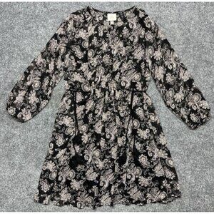 Knox Rose Fit & Flare Dress Womens S Black Beige Floral Keyhole Neck Long Sleeve